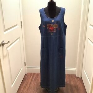 Bobbie Brooks Denim Leaf Heart Patchwork Pinafore Dress Large 12 14 Blue Maxi